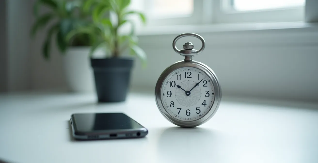 Zerbrochene Uhr neben Smartphone symbolisiert verlorene Zeit durch App-Überflutung