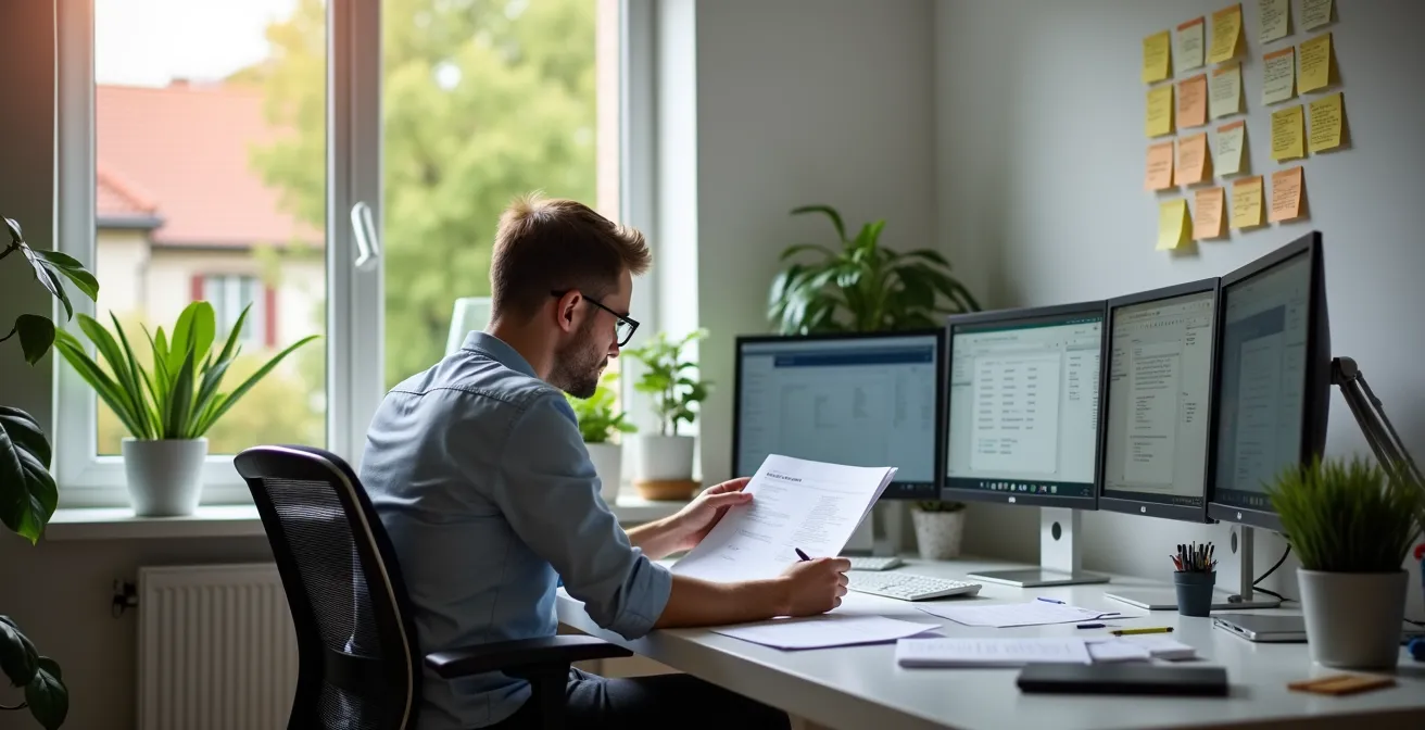 Person analysiert Jobportale und Gehaltsstatistiken auf mehreren Bildschirmen