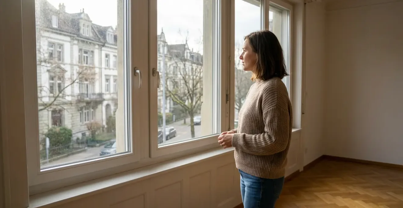 Kaufinteressentin bei Wohnungsbesichtigung in Basel am Fenster